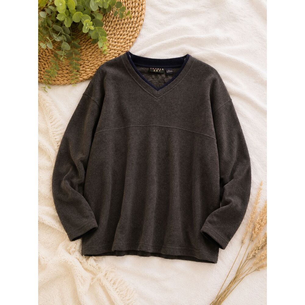 Trader Bay Brown V-Neck Fleece Pullover Sweater Men's XL Soft Long Sleeve